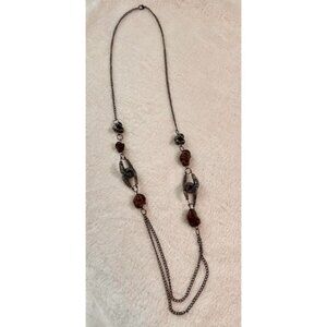 Retro Modernist Double Strand Necklace | Hematite Tone & Earthy Red Stones